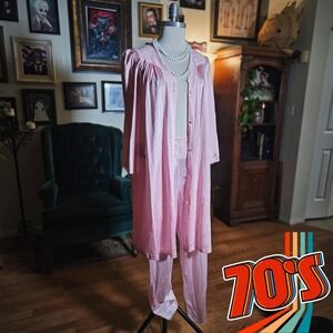 Vintage 70s‎ Vassarette Pink Nylon Pajama Set Sleepwear Robe Pants Medium